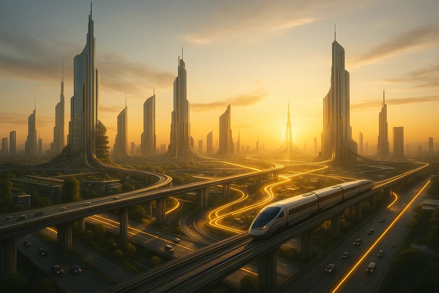 Modern infrastructure corridor and city skyline at warm sunrise