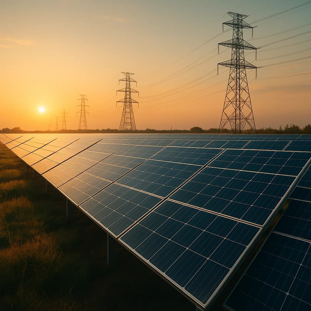 Solar generation field and transmission infrastructure at sunset