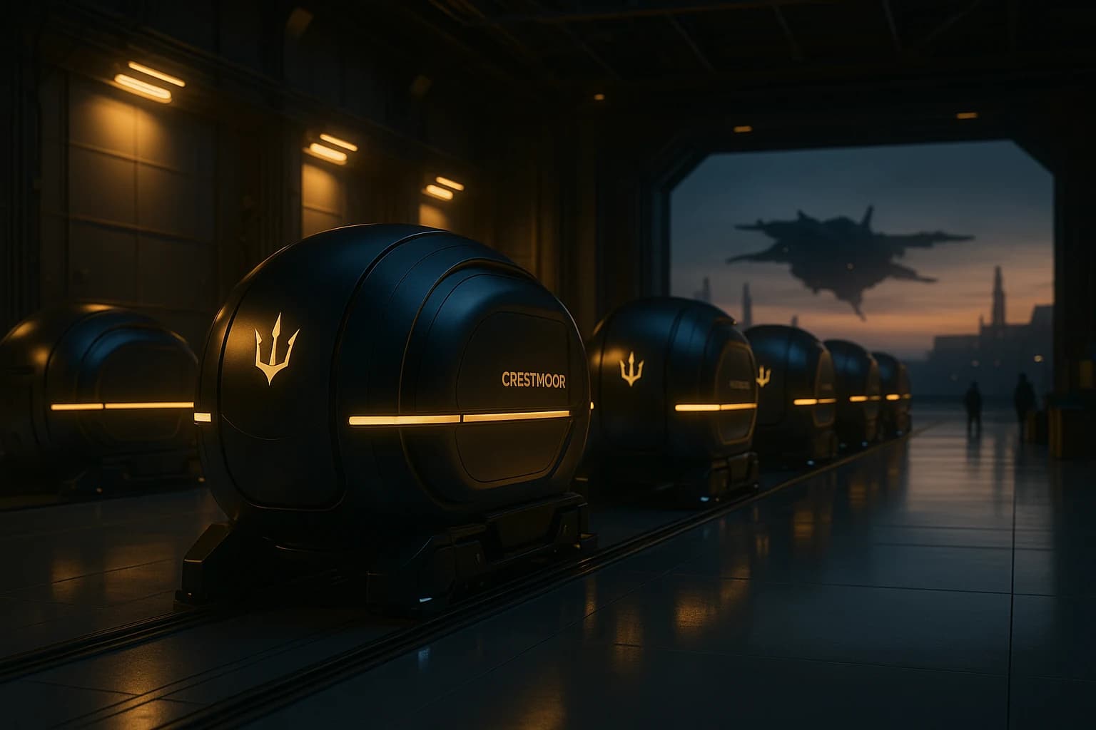 Conceptual sealed pod units aligned in a futuristic logistics bay