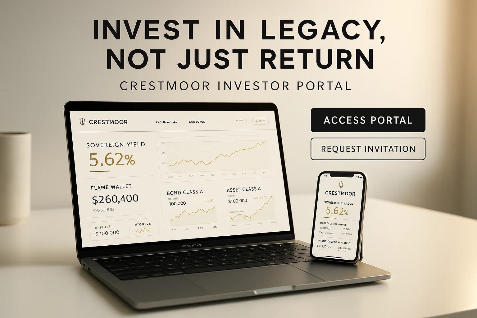 Private investment portal displayed on a laptop and mobile device