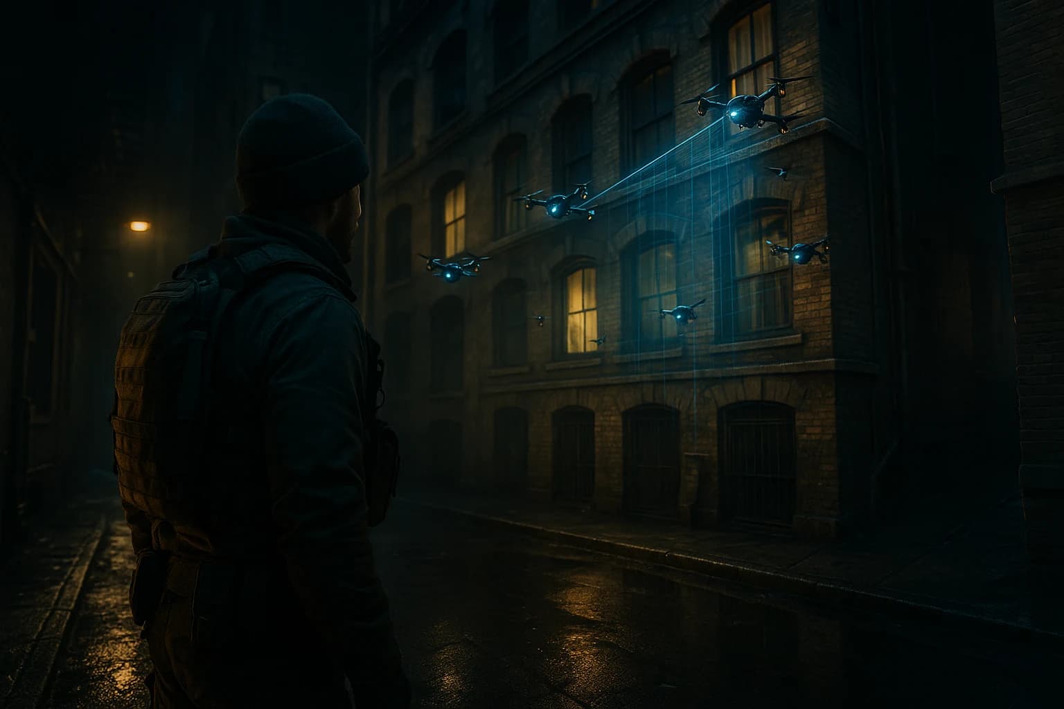 Nighttime urban technology scene with restrained blue-gold lighting